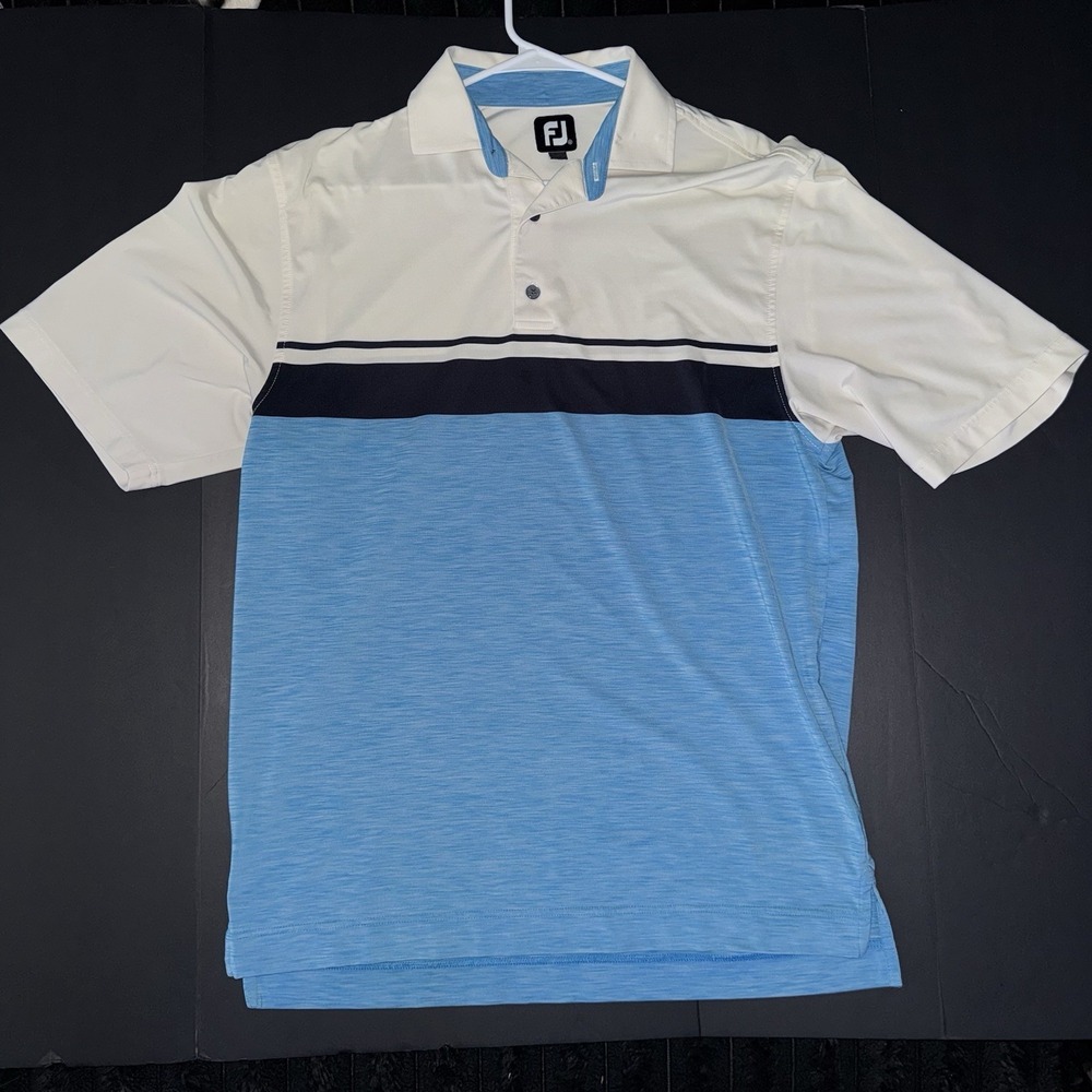 FootJoy Men's Colorblock Performance Golf Polo Shirt White Light Blue Black